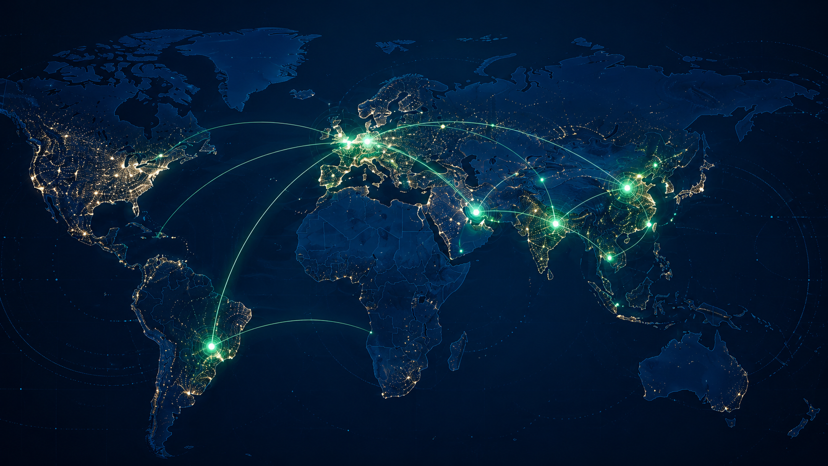 J&V global partnership network map with green connection routes